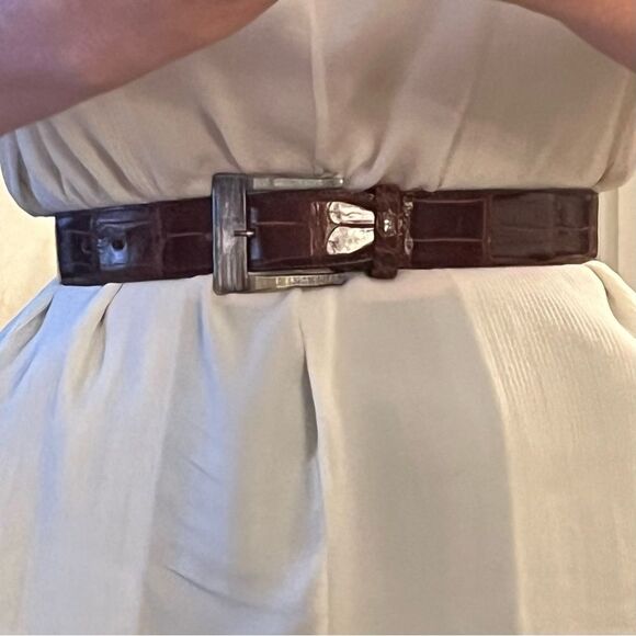 Ralph Lauren Alligator Mahogany Brown Sterling Silver Wide Belt Size 28 - Picture 3 of 14